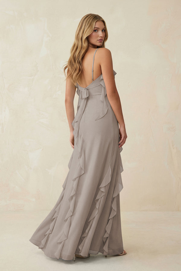 Frost Ruffled Cami Strap Chiffon Sheath Bridesmaid Dress (2) | KISSBRIDAL