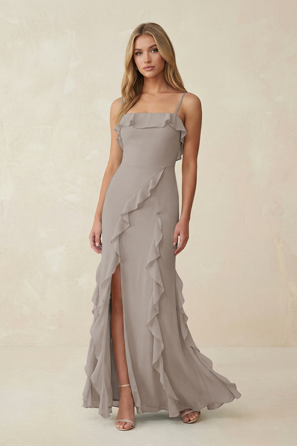 Ruffled Cami Strap Chiffon Sheath Bridesmaid Dress in Frost