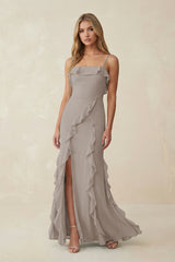 Frost Ruffled Cami Strap Chiffon Sheath Bridesmaid Dress | KISSBRIDAL
