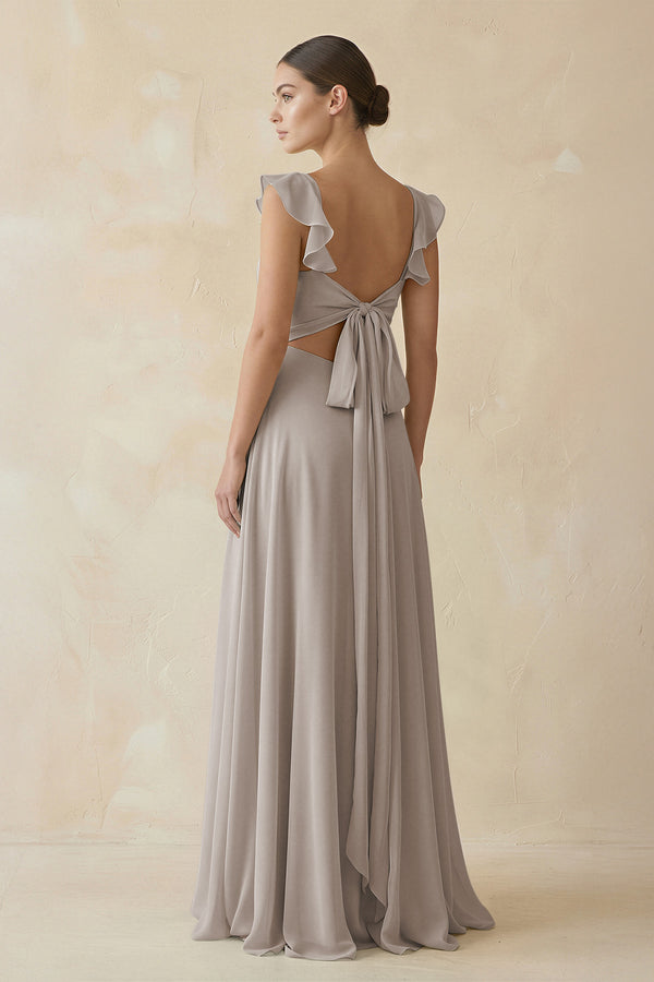 Frost Ruffled Chiffon A-Line Long Bridesmaid Dress (2) | KISSBRIDAL