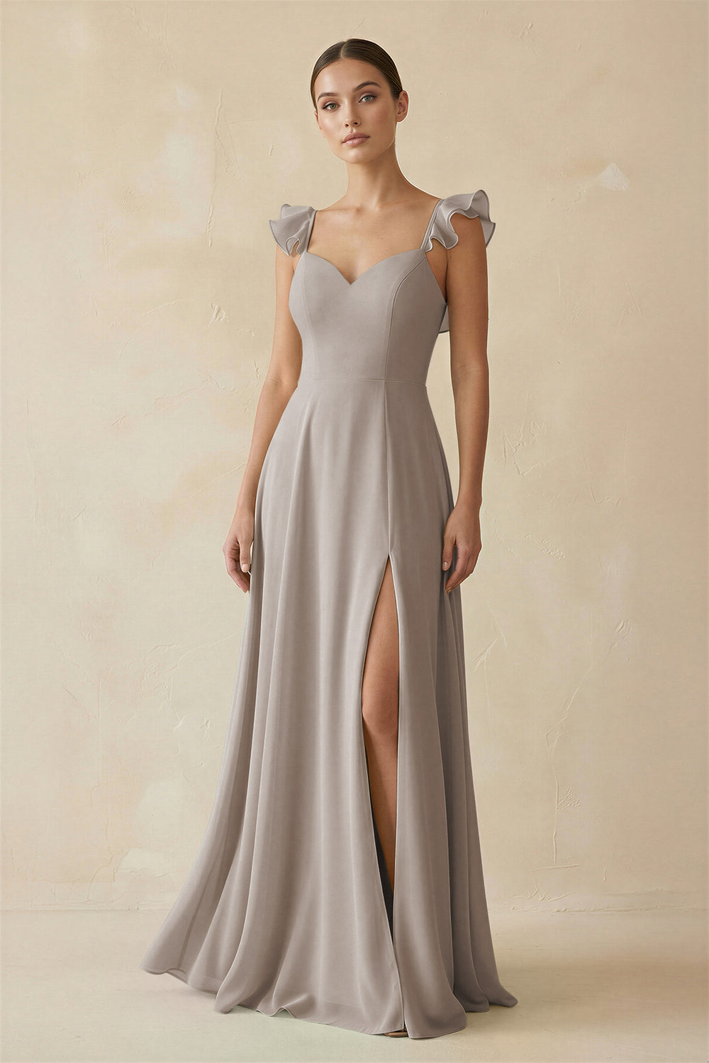 Ruffled Chiffon A-Line Long Bridesmaid Dress in Frost