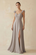 Frost Ruffled Chiffon A-Line Long Bridesmaid Dress | KISSBRIDAL