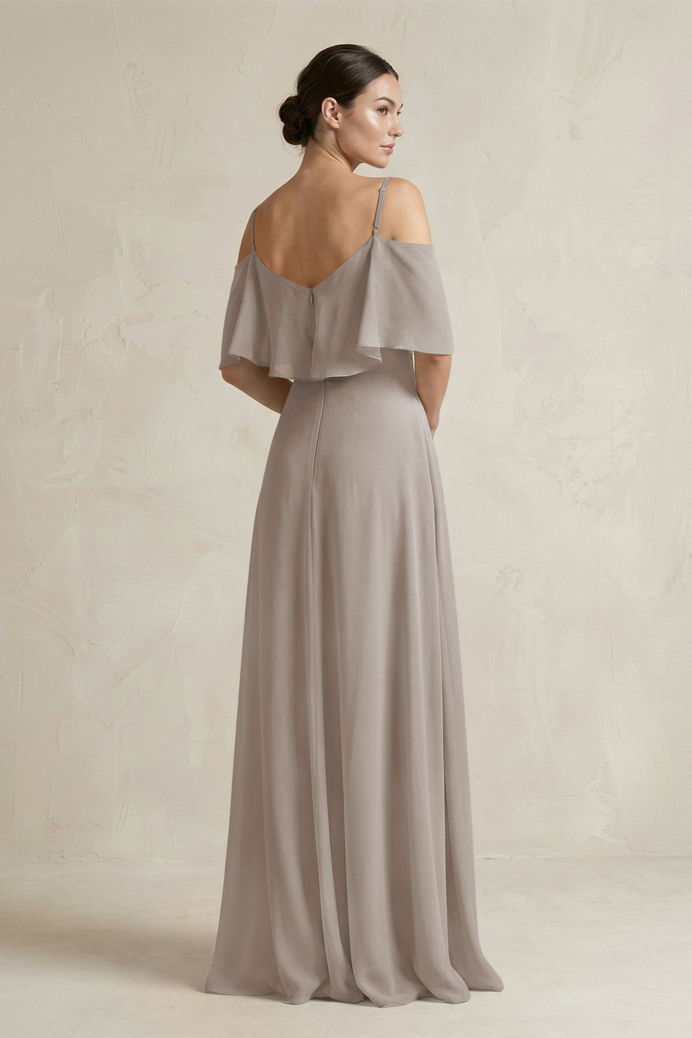Ruffled Off-the-Shoulder A-Line Chiffon Bridesmaid Gown in Frost