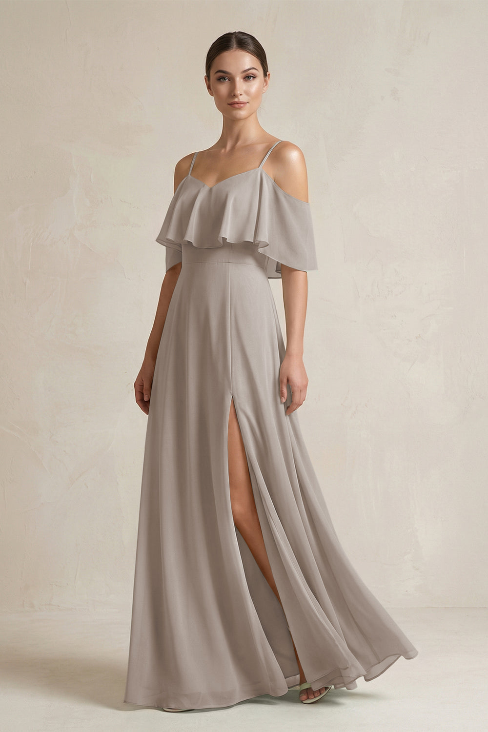Ruffled Off-the-Shoulder A-Line Chiffon Bridesmaid Gown in Frost