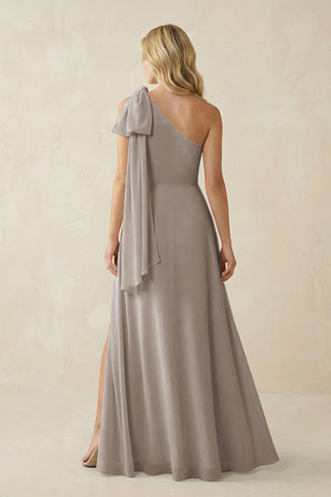 Frost Ruffled One Shoulder Chiffon Bridesmaid Dress With Slit in Frost (2) | KISSBRIDAL