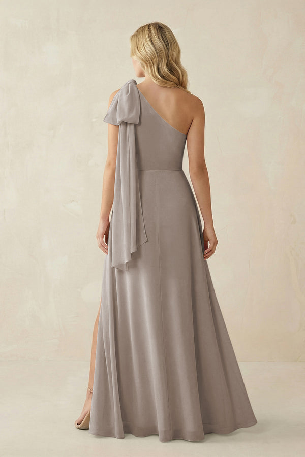 Frost Ruffled One Shoulder Chiffon Bridesmaid Dress With Slit in Frost (2) | KISSBRIDAL