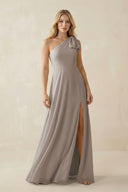 Frost Ruffled One Shoulder Chiffon Bridesmaid Dress With Slit in Frost | KISSBRIDAL
