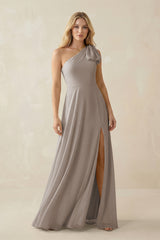 Frost Ruffled One Shoulder Chiffon Bridesmaid Dress With Slit in Frost | KISSBRIDAL