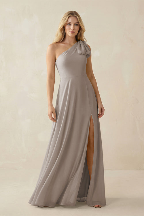 Frost Ruffled One Shoulder Chiffon Bridesmaid Dress With Slit in Frost | KISSBRIDAL
