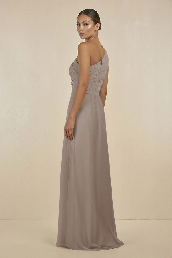 Frost Ruffled One-Shoulder Pleated Sheath Bridesmaid Dress (2) | KISSBRIDAL