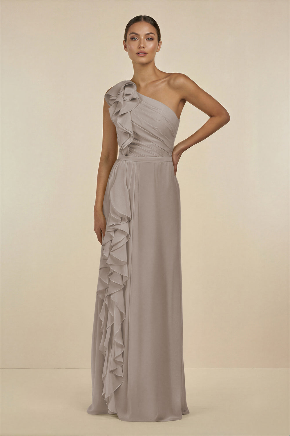 Ruffled One-Shoulder Pleated Sheath Bridesmaid Dress in Frost