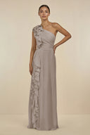Frost Ruffled One-Shoulder Pleated Sheath Bridesmaid Dress | KISSBRIDAL