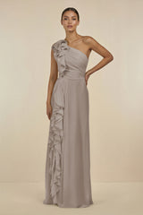 Frost Ruffled One-Shoulder Pleated Sheath Bridesmaid Dress | KISSBRIDAL