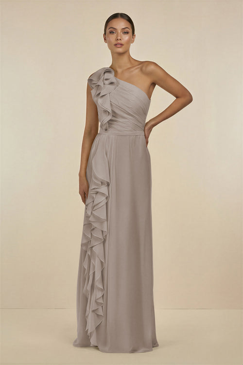 Frost Ruffled One-Shoulder Pleated Sheath Bridesmaid Dress | KISSBRIDAL