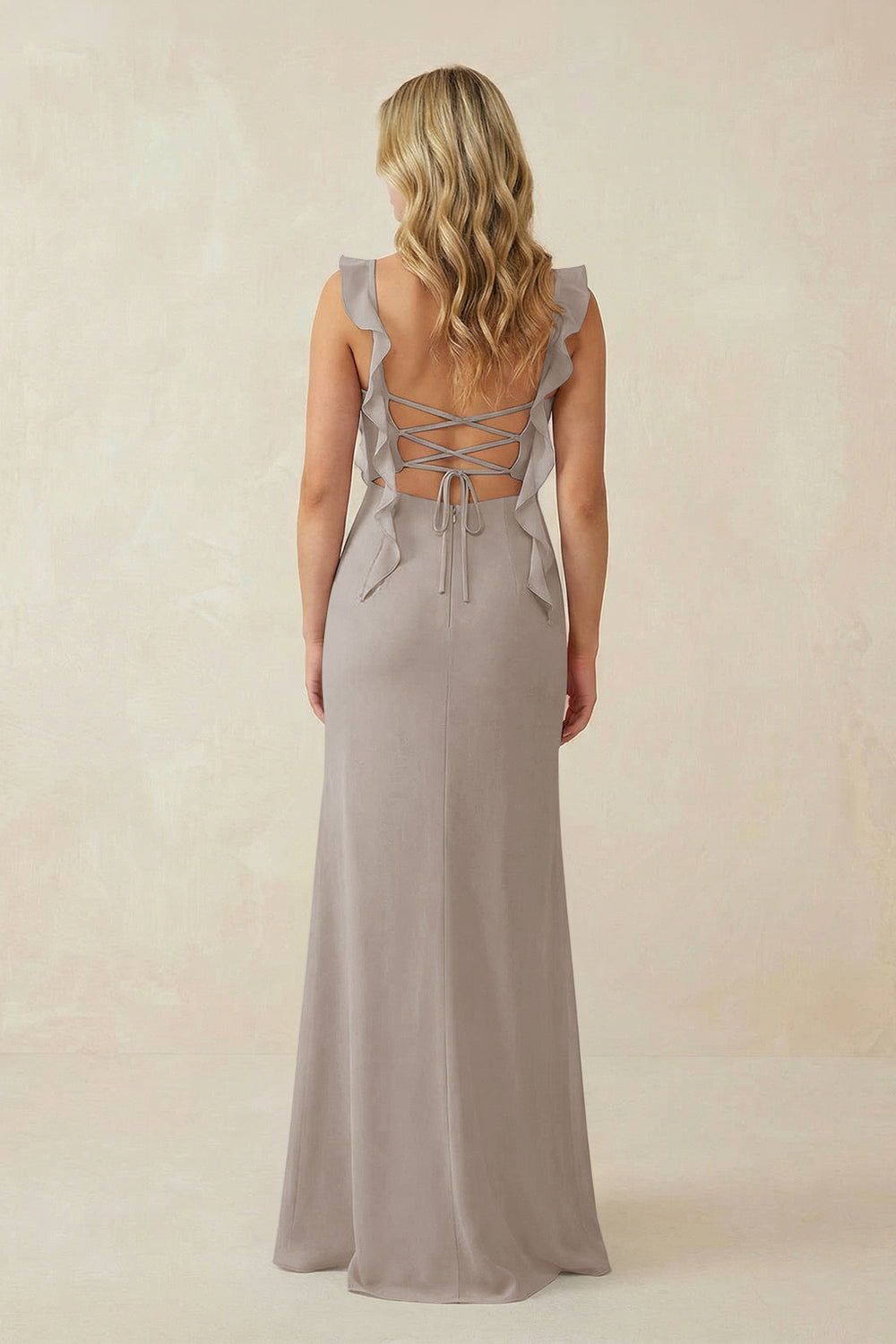 Ruffled Sleeve Ruched Sheath Chiffon Bridesmaid Dress in Frost