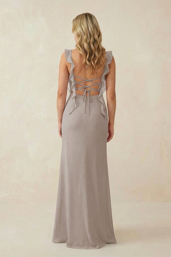 Frost Ruffled Sleeve Ruched Sheath Chiffon Bridesmaid Dress (2) | KISSBRIDAL