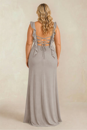 Frost Ruffled Sleeve Ruched Sheath Chiffon Bridesmaid Dress (2) [sizeplus] | KISSBRIDAL