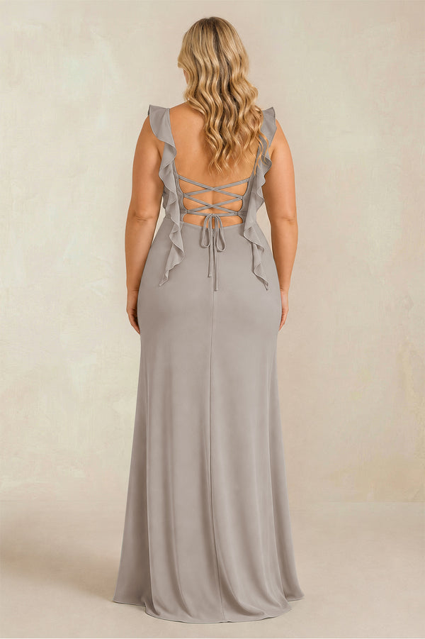 Frost Ruffled Sleeve Ruched Sheath Chiffon Bridesmaid Dress (2) [sizeplus] | KISSBRIDAL