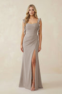 Frost Ruffled Sleeve Ruched Sheath Chiffon Bridesmaid Dress | KISSBRIDAL