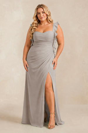 Frost Ruffled Sleeve Ruched Sheath Chiffon Bridesmaid Dress [sizeplus] | KISSBRIDAL