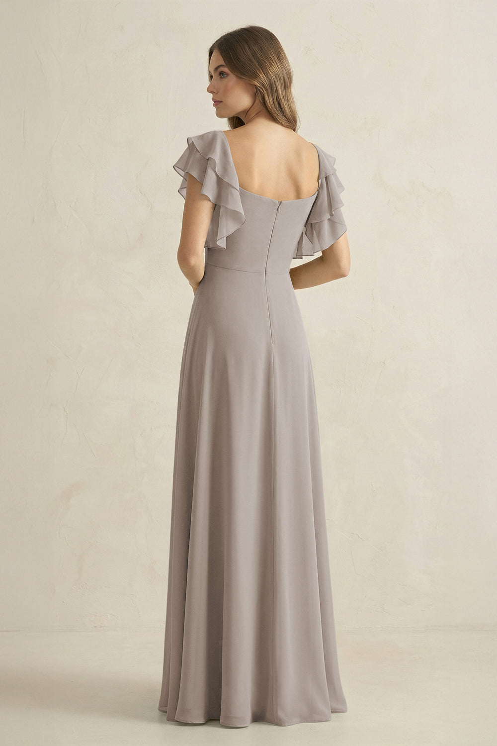 Ruffled Sleeves A-Line Chiffon Bridesmaid Dress in Frost