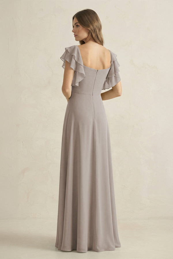 Frost Ruffled Sleeves A-Line Chiffon Bridesmaid Dress (2) | KISSBRIDAL