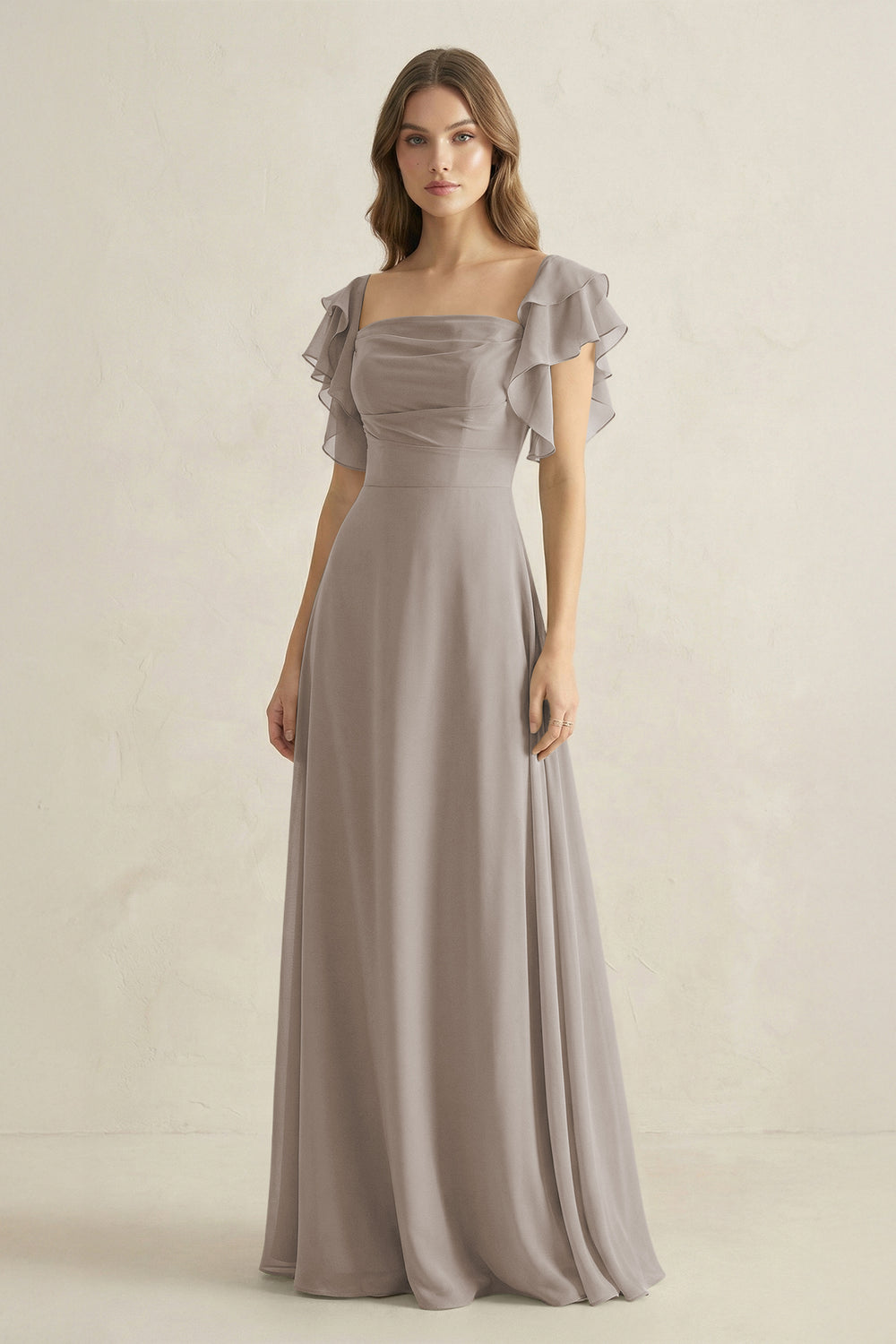 Ruffled Sleeves A-Line Chiffon Bridesmaid Dress in Frost