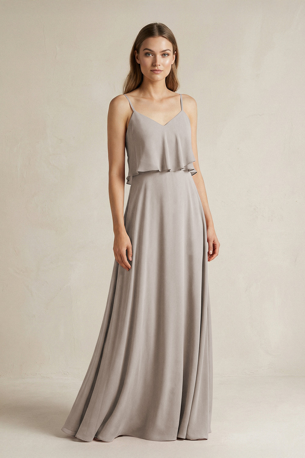 Ruffled Spaghetti Strap A-Line Chiffon Bridesmaid Dress in Frost