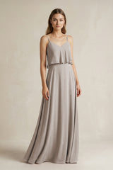 Frost Ruffled Spaghetti Strap A-Line Chiffon Bridesmaid Dress in Frost | KISSBRIDAL