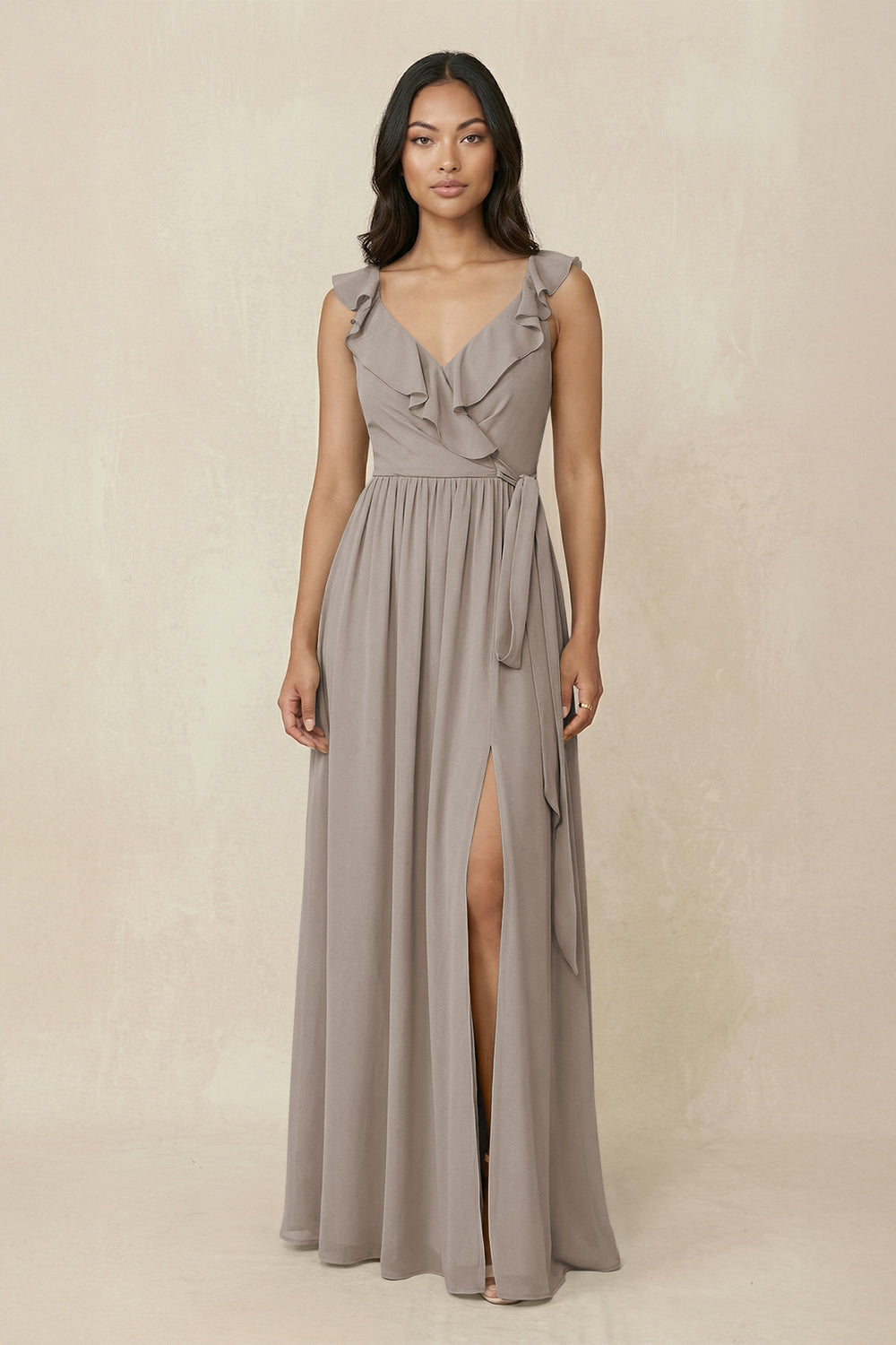 Ruffled V-Neck A-Line Chiffon Bridesmaid Dress in Frost