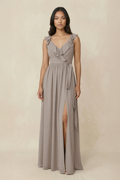 Frost Ruffled V-Neck A-Line Chiffon Bridesmaid Dress | KISSBRIDAL