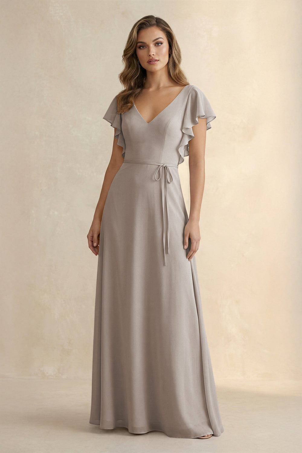 Ruffled V-Neck Chiffon A-Line Bridesmaid Dress in Frost