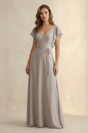 Frost Ruffled V-Neck Chiffon A-Line Bridesmaid Dress | KISSBRIDAL