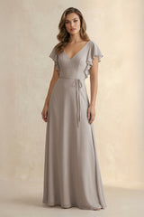 Frost Ruffled V-Neck Chiffon A-Line Bridesmaid Dress | KISSBRIDAL
