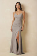 Frost Sheath Cami Strap Chiffon Bridesmaid Dress with Slit | KISSBRIDAL
