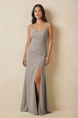 Frost Sheath Cami Strap Chiffon Bridesmaid Dress with Slit | KISSBRIDAL