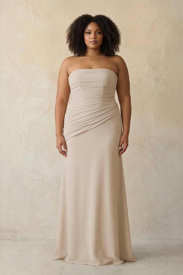 Frost Sheath Chiffon Strapless Pleated Bridesmaid Dress | KISSBRIDAL[sizeplus]