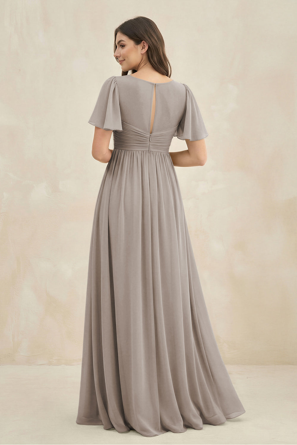 Short Sleeve Chiffon V-Neck A-Line Bridesmaid Dress in Frost