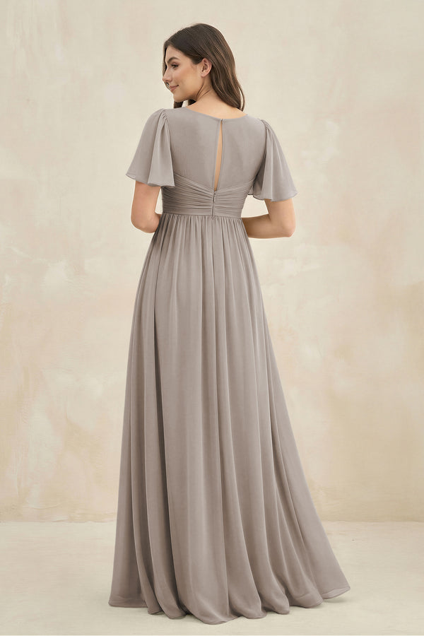 Frost Short Sleeve Chiffon V-Neck A-Line Bridesmaid Dress (2) | KISSBRIDAL