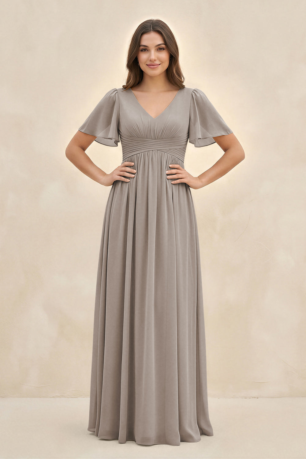 Short Sleeve Chiffon V-Neck A-Line Bridesmaid Dress in Frost