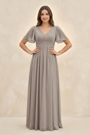 Frost Short Sleeve Chiffon V-Neck A-Line Bridesmaid Dress | KISSBRIDAL