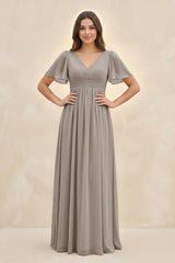 Frost Short Sleeve Chiffon V-Neck A-Line Bridesmaid Dress | KISSBRIDAL