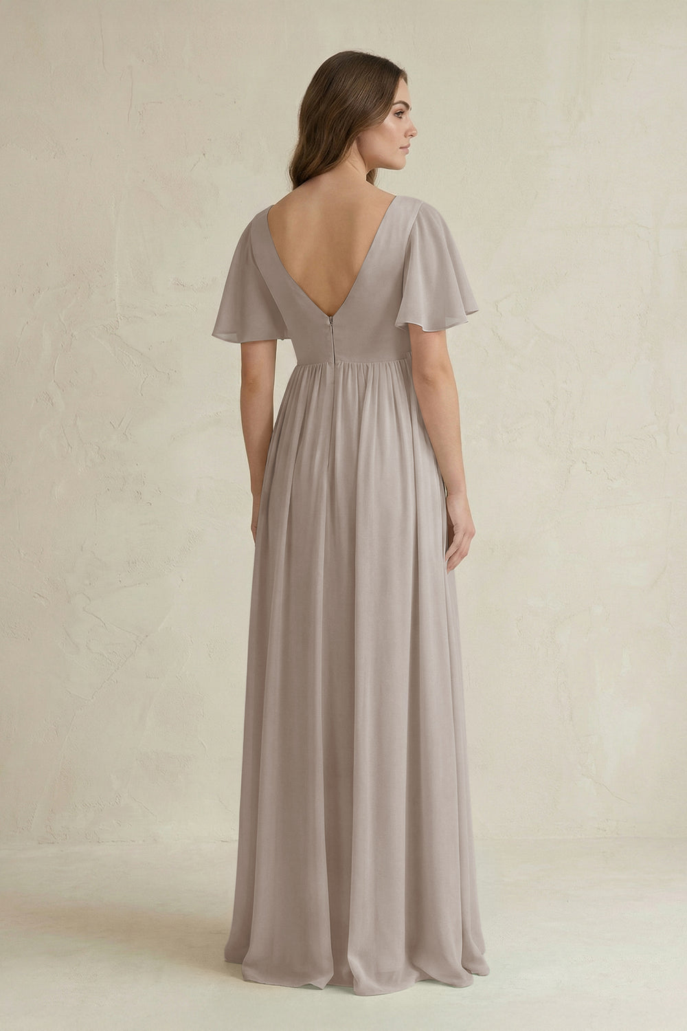 Short Sleeve V-Neck A-Line Chiffon Bridesmaid Dress in Frost