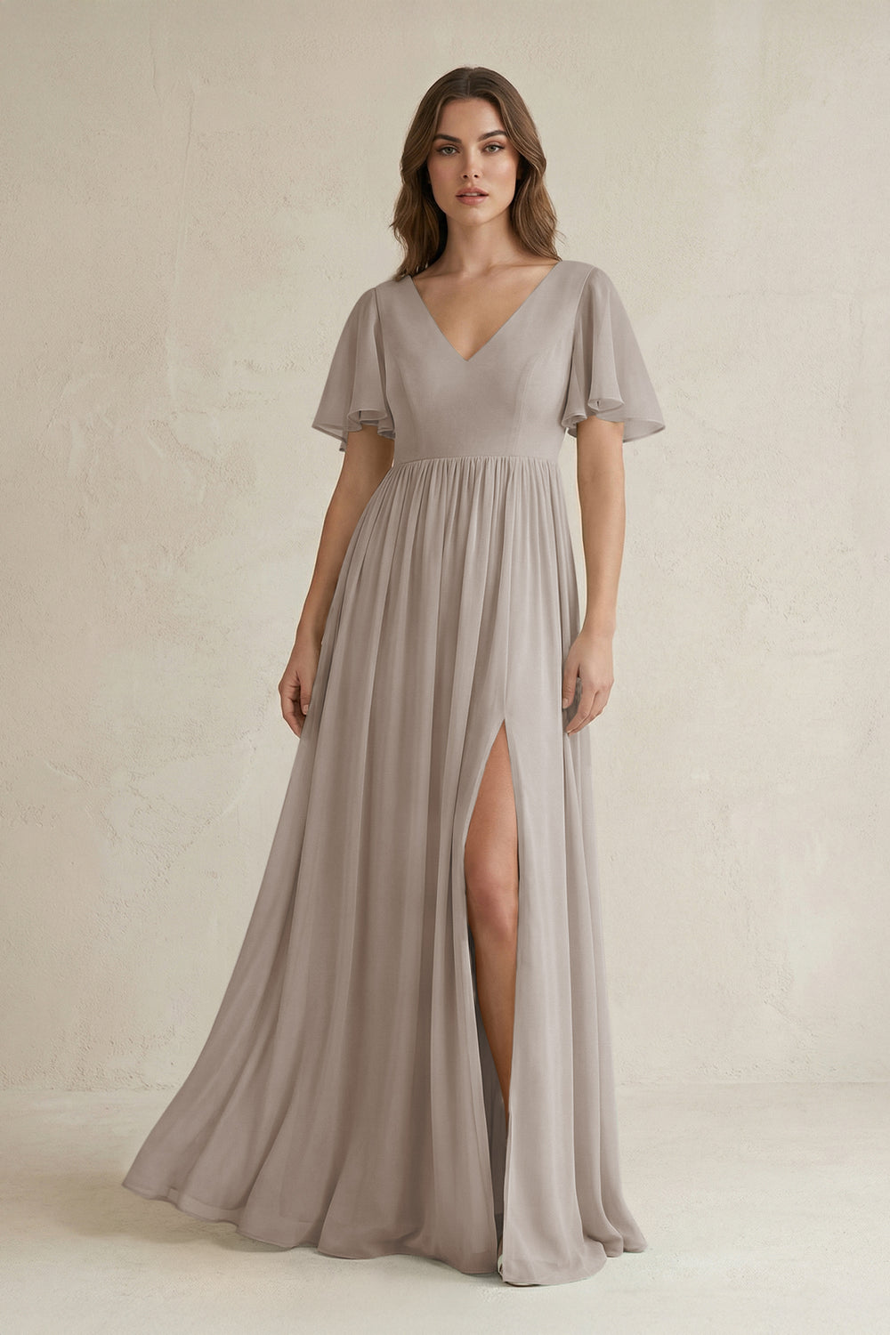 Short Sleeve V-Neck A-Line Chiffon Bridesmaid Dress in Frost