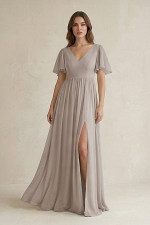 Frost Short Sleeve V-Neck A-Line Chiffon Bridesmaid Dress | KISSBRIDAL