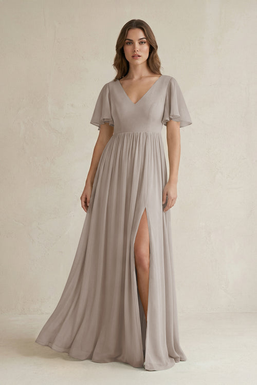 Frost Short Sleeve V-Neck A-Line Chiffon Bridesmaid Dress | KISSBRIDAL