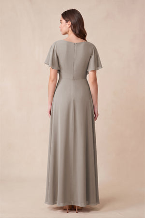 Frost Short Sleeves Bateau A-Line Chiffon Bridesmaid Dress (2) | KISSBRIDAL
