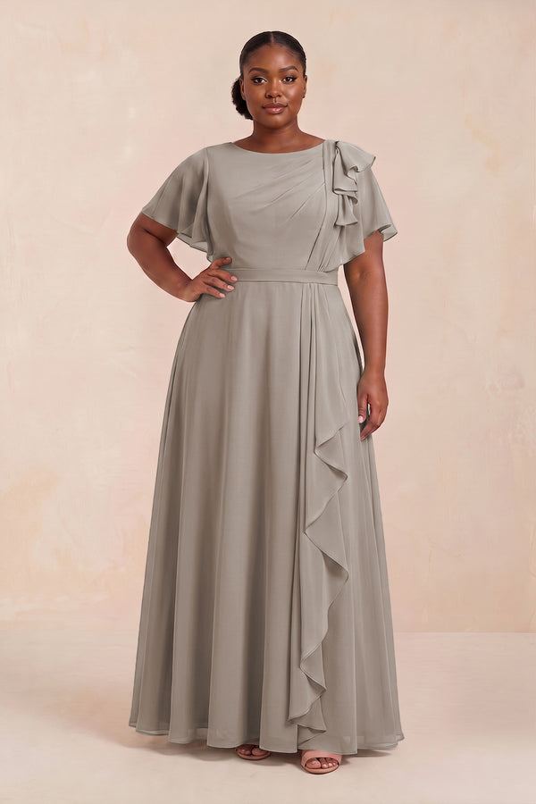 Frost Short Sleeves Bateau A-Line Chiffon Bridesmaid Dress (3) [sizeplus] | KISSBRIDAL