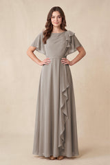 Frost Short Sleeves Bateau A-Line Chiffon Bridesmaid Dress | KISSBRIDAL