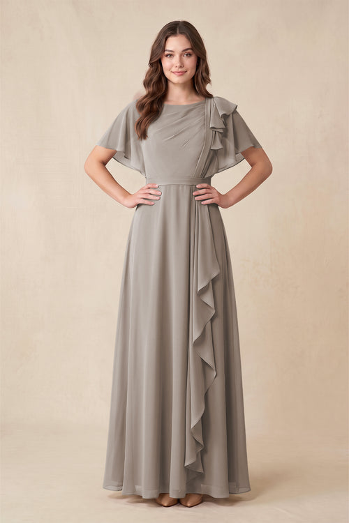 Frost Short Sleeves Bateau A-Line Chiffon Bridesmaid Dress | KISSBRIDAL